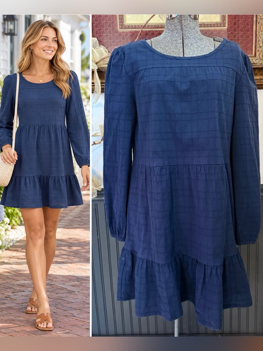 Southern Tide Nadia True Navy Long Sleeve Tiered Dress ~ Size Small 💛🍄